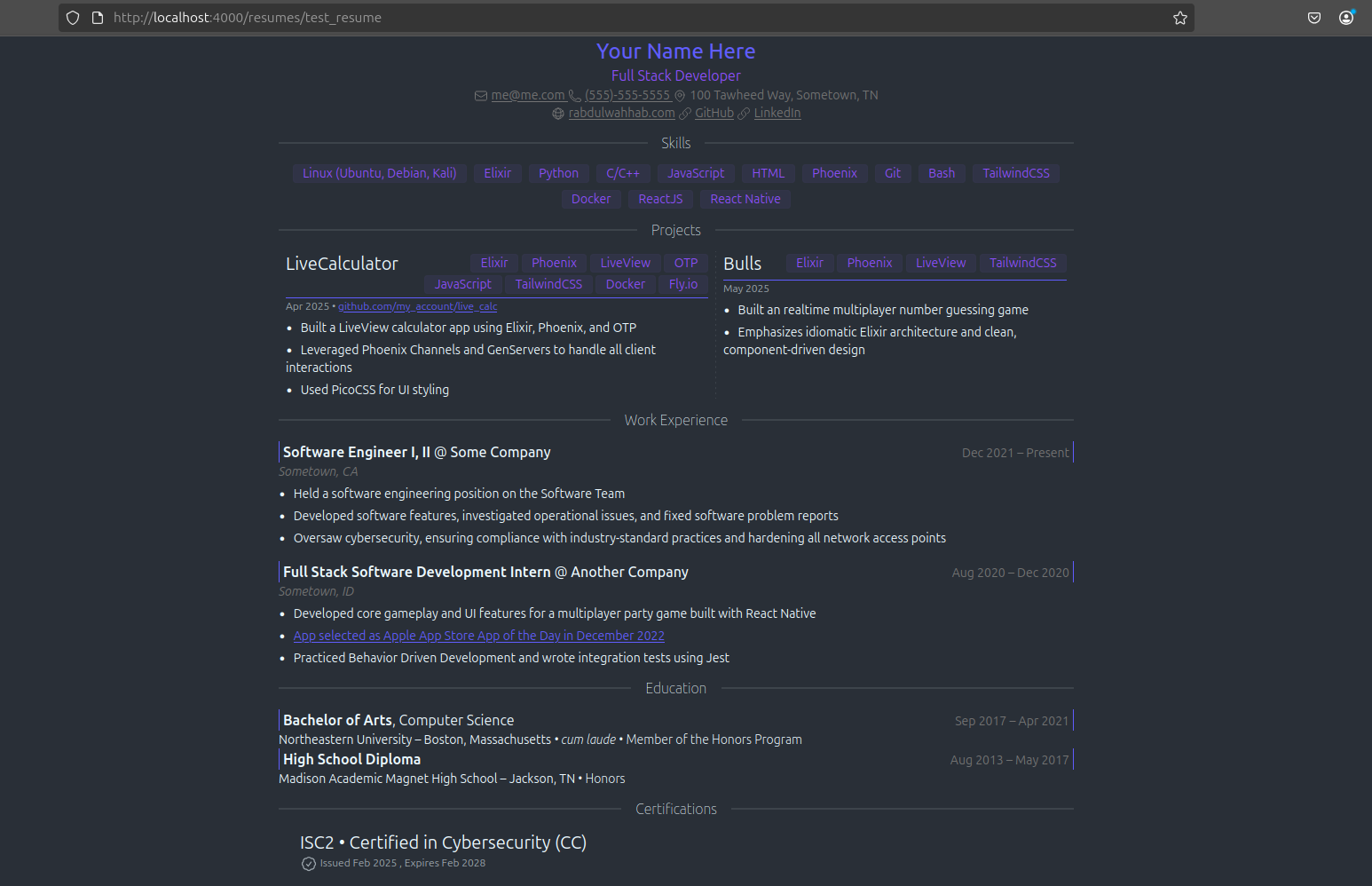 LiveResume sample resume in the dark theme
