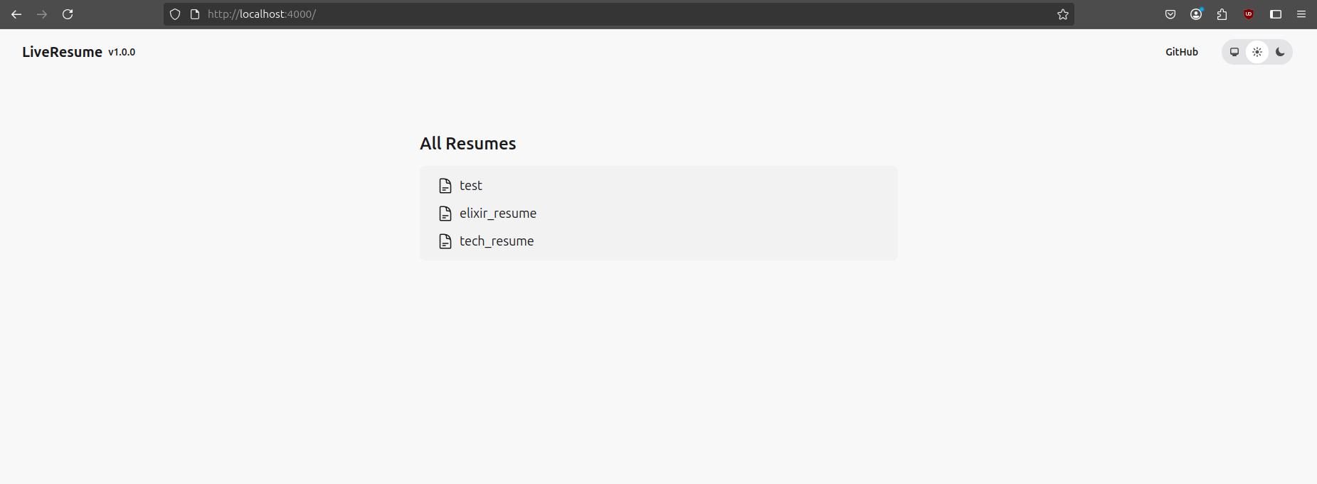 LiveResume index listing available resume files