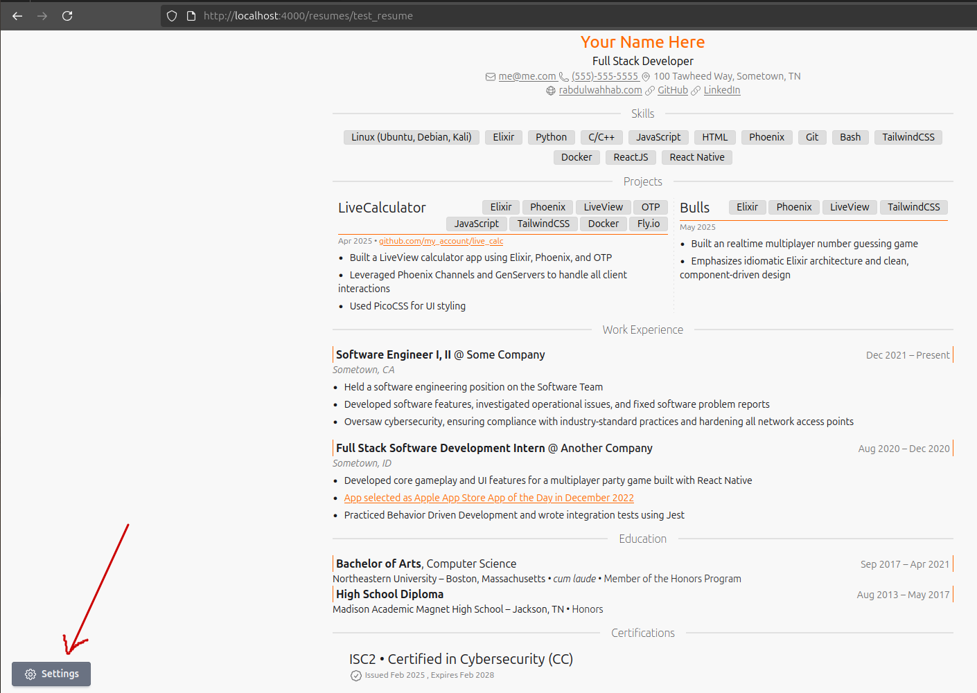 LiveResume interface with the settings button highlighted
