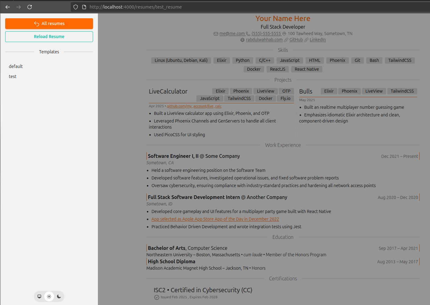 LiveResume settings drawer with template and theme controls