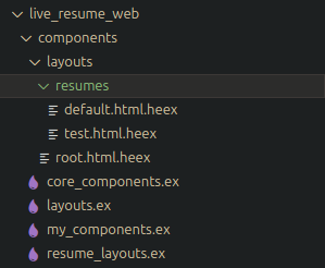 LiveResume source tree showing embedded resume layout templates